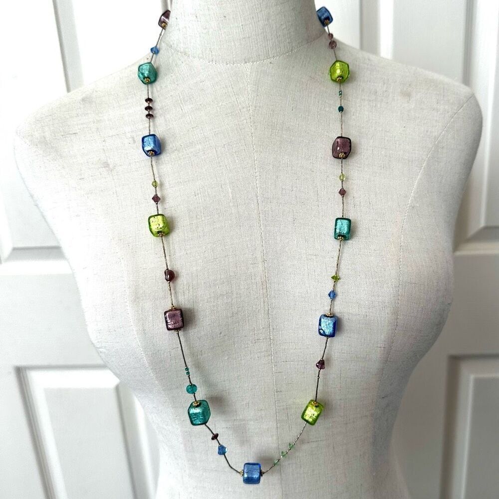 Gold plated Murano glass Foil colorful glass cube long necklace